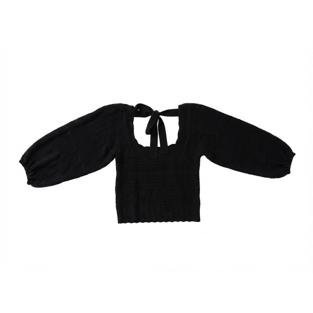 Saltwater Luxe Women S Black Textured Knit Puff Sleeve Tie Back Square Neck Crop